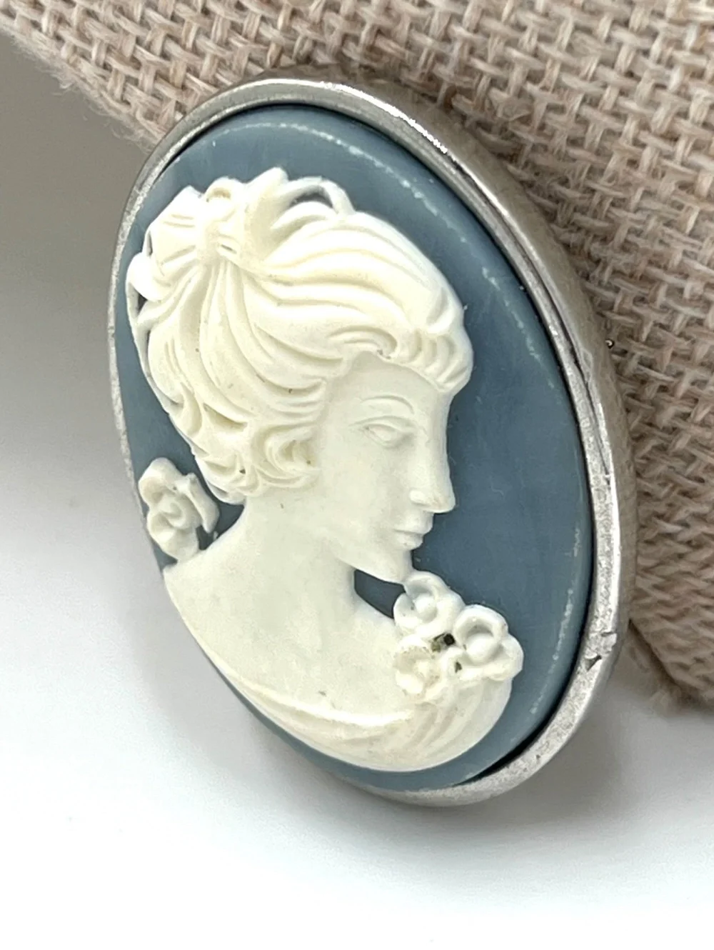 Crown Trifari Emboss Cameo Silvertone Blue Celluloid Brooch